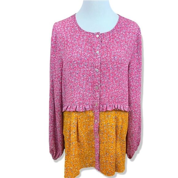 LOGO Lori Goldstein flowy floral boho flounce mauve and goldenrod S - Picture 1 of 8